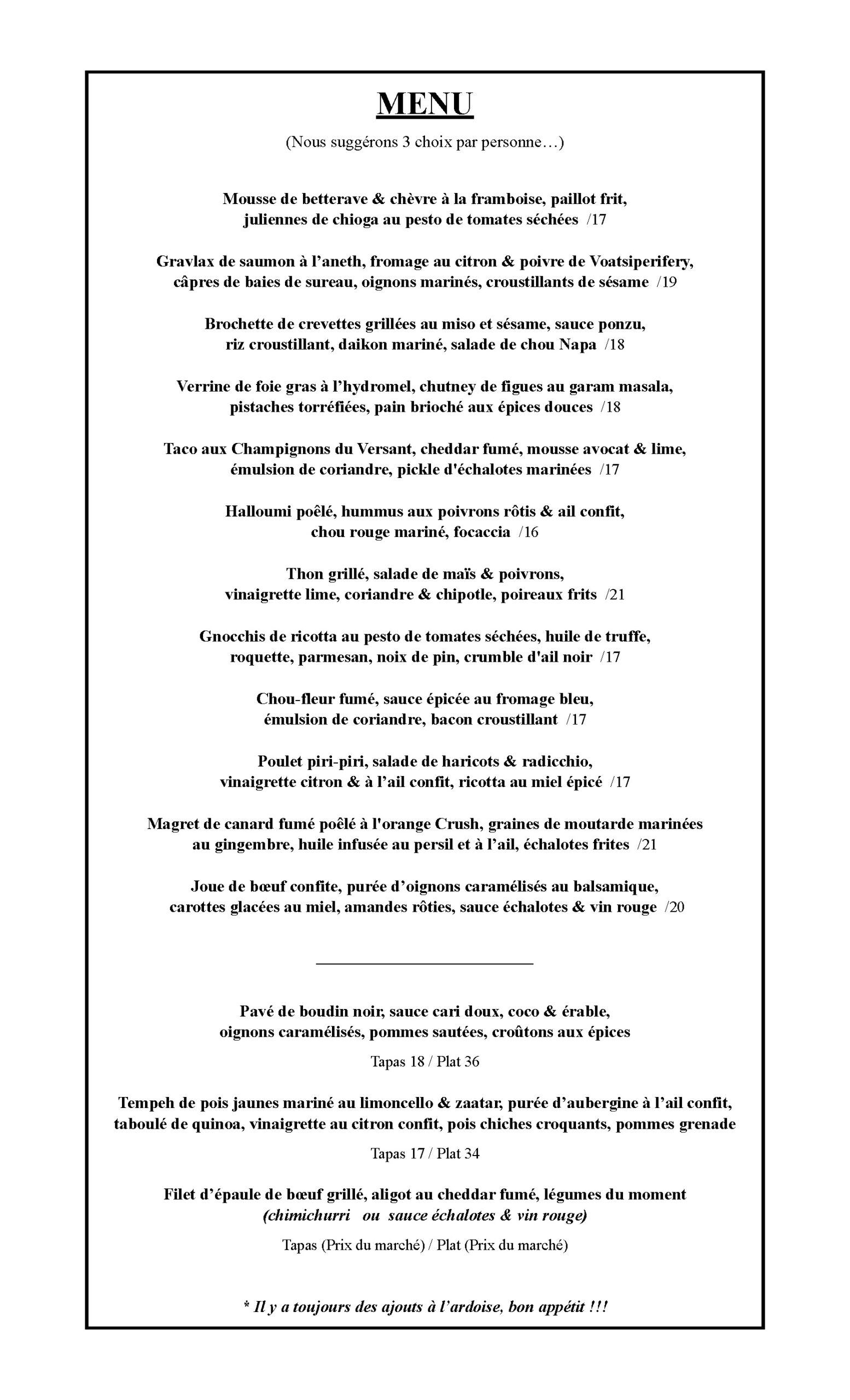 Menu Français Hiver